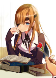 Rule 34 | 1girl, blue eyes, blush, book, brown hair, closed mouth, eyepatch, fate/grand order, fate (series), flower, long hair, long sleeves, looking at viewer, ophelia phamrsolone, seiru (prairie), simple background, solo focus, upper body, white background