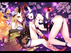 Rule 34 | 2girls, :d, alcohol, ass, blonde hair, cherry blossoms, cup, eyebrows, facial mark, fangs, fate/grand order, fate (series), fire, highres, horns, ibaraki douji (fate), kneeling, letterboxed, long hair, looking at viewer, multiple girls, open mouth, petals, purple eyes, purple hair, sakazuki, sake, short hair, shuten douji (fate), shuten douji (first ascension) (fate), sitting, skin-covered horns, smile, tattoo, ycco (estrella), yellow eyes