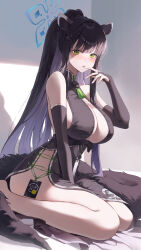 Rule 34 | 1girl, :o, absurdres, animal ears, bare legs, black dress, black gloves, black hair, blue archive, blush, breasts, bridal gauntlets, china dress, chinese clothes, commentary, cross-laced clothes, dress, gloves, green eyes, halo, highres, indoors, large breasts, long hair, looking at viewer, ponytail, raccoon ears, seiza, shun (blue archive), sitting, solo, sweat, very long hair, yeorem