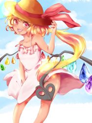 Rule 34 | 1girl, alternate costume, asymmetrical hair, asymmetrical wings, bare legs, bare shoulders, beach, blonde hair, dress, dress tug, faux traditional media, flandre scarlet, hat, highres, laevatein, looking at viewer, ocean, open mouth, pink dress, pointy ears, red eyes, short hair, side ponytail, smile, solo, strap, straw hat, tan, touhou, wings