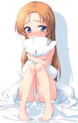 Rule 34 | 1girl, blanket, blue eyes, blush, corrupted twitter file, covering privates, crotch, girls und panzer, highres, hugging object, kuzuryuu kennosuke, long hair, looking at viewer, nude, nude cover, orange hair, orange pekoe (girls und panzer), pillow, pillow hug, shiny skin, solo