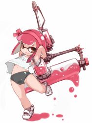 Rule 34 | armpits, arms behind head, arms up, black buruma, brown eyes, buruma, commentary request, full body, gym uniform, hairband, inkling, inkling girl, inkling player character, karukan (monjya), leg up, mask, midriff, navel, nintendo, open mouth, oversized object, paint roller, pink hair, shirt, shoes, short hair, smile, standing, standing on one leg, tentacle hair, white shirt