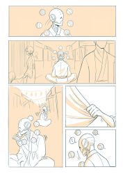 Rule 34 | 5koma, android, clothed robot, comic, highres, humanoid robot, japanese clothes, male focus, monochrome, overwatch, overwatch 1, robot, silent comic, zenyatta (overwatch)