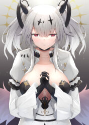 Rule 34 | 1girl, azur lane, black gloves, breasts, breasts apart, center opening, commentary request, fingerless gloves, fleur-de-lis, frown, gloves, grey hair, hair between eyes, hair ornament, halo, highres, joffre (azur lane), large breasts, layered sleeves, long sleeves, nori aji, own hands clasped, own hands together, palms together, praying, red eyes, short over long sleeves, short sleeves, solo, twintails