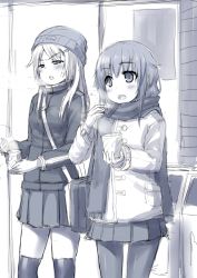 Rule 34 | 2girls, beanie, blush, breath, coat, cup, duffel coat, greyscale, hair ornament, hairclip, hat, hiraga matsuri, hirasato, holding, holding cup, jacket, long hair, monochrome, multiple girls, open mouth, original, outdoors, over-kneehighs, pantyhose, pleated skirt, scarf, skirt, standing, thighhighs, track jacket