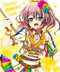 Rule 34 | 1girl, :d, akasata, bang dream!, belt, blue eyes, blue flower, blue rose, blush, brown hair, center frills, character name, collared shirt, drumsticks, earrings, flower, frills, green ribbon, hair flower, hair ornament, hair ribbon, happy birthday, heart, holding, holding instrument, instrument, jacket, jewelry, looking at viewer, multicolored clothes, multicolored skirt, musical note, open mouth, orange ribbon, pink flower, pink ribbon, pink rose, ponytail, ribbon, rose, shirt, short sleeves, sidelocks, skirt, smile, solo, wrist ribbon, yamabuki saya, yellow flower, yellow ribbon, yellow rose