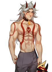 Rule 34 | 1boy, absurdres, arataki itto, bare shoulders, blush, breasts, genshin impact, highres, large breasts, long hair, looking at viewer, male focus, nipples, pectorals, simple background, solo, topless male, white background, white hair