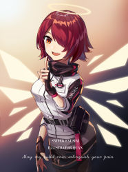 Rule 34 | 1girl, :d, absurdres, arknights, belt, black background, black belt, black gloves, black pantyhose, black skirt, breasts, brown background, character name, cowboy shot, detached wings, english text, exusiai (arknights), fang, fingerless gloves, gloves, gradient background, hair over one eye, halo, hand up, high collar, highres, id card, index finger raised, jacket, looking at viewer, medium breasts, miniskirt, open mouth, pantyhose, pouch, raglan sleeves, red eyes, red hair, shenyin jiade aquan, short hair, skirt, smile, solo, standing, white jacket, wings
