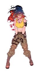 Rule 34 | alternate hair color, arm pouch, camouflage, camouflage pants, dark persona, full body, gloves, highres, leona heidern, orochi leona, pants, red hair, simple background, solo, tank top, the king of fighters, the king of fighters xiv, white background, yellow eyes