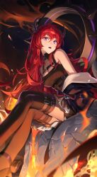 Rule 34 | 1girl, absurdres, aimitkkays, arknights, bare shoulders, black dress, burnt clothes, chest strap, demon girl, demon horns, dress, from below, hair intakes, highres, horns, long hair, looking at viewer, looking down, off shoulder, open mouth, purple eyes, red hair, sitting, surtr (arknights), thigh strap, thighhighs