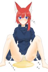 Rule 34 | 1girl, animal ear fluff, animal ears, arm support, asymmetrical hair, bangs, barefoot, blue eyes, blue jacket, blue skirt, blush, breasts, closed mouth, embarrassed, eyebrows visible through hair, female focus, fox ears, fox girl, full body, hair ornament, jacket, japanese text, knees up, long sleeves, looking at viewer, medium breasts, medium hair, miniskirt, nose blush, original, panties, pantyshot, pee, peeing, peeing self, pleated skirt, puddle, red hair, rokugatsu (mutuki rokugatu), shiny, shiny hair, sidelocks, simple background, sitting, skirt, solo, spread legs, straight-on, tears, translation request, underwear, upskirt, wet, wet clothes, wet panties, white background, white panties, x hair ornament
