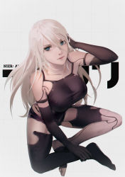 Rule 34 | 1girl, bad id, bad pixiv id, barefoot, black gloves, black thighhighs, blue eyes, breasts, elbow gloves, female focus, gloves, highres, huge breasts, jn3, long hair, looking at viewer, mole, mole under mouth, nier (series), nier:automata, sitting, solo, thighhighs, white hair, a2 (nier:automata)