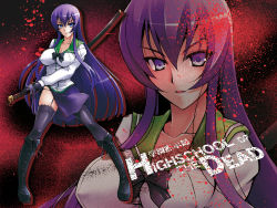 Rule 34 | 1girl, black thighhighs, blood, blue eyes, boots, bow, breasts, busujima saeko, c.r., cleavage, covered erect nipples, fighting stance, garter straps, gloves, highres, highschool of the dead, katana, large breasts, long hair, panties, purple hair, ready to draw, school uniform, serafuku, sheath, sheathed, side-tie panties, solo, sword, text focus, thighhighs, underwear, very long hair, wallpaper, weapon, zoom layer