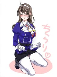 Rule 34 | 1girl, ashigara (kancolle), ashigara kai ni (kancolle), belt, black belt, black skirt, blush, breasts, brown eyes, brown hair, fake horns, full body, gloves, hairband, heart, horned headwear, horns, kantai collection, kneeling, long sleeves, military, military uniform, multicolored neckerchief, multicolored neckwear, neckerchief, one eye closed, open mouth, shishanmo, simple background, skirt, solo, thighhighs, uniform, white background, white gloves, white hairband, white thighhighs