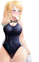 Rule 34 | 1girl, absurdres, ahoge, black one-piece swimsuit, blonde hair, blue eyes, blush, breasts, commentary request, competition swimsuit, covered navel, cowboy shot, goggles, goggles around neck, hachimiya meguru, highres, idolmaster, idolmaster shiny colors, izumi sorute, large breasts, long hair, looking to the side, low twintails, nose blush, one-piece swimsuit, ponytail, simple background, solo, unworn swim cap, swimsuit, twintails, white background