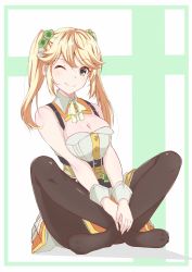 Rule 34 | 1girl, bare shoulders, black pantyhose, blonde hair, breasts, breasts squeezed together, butterfly sitting, cleavage, dress, green eyes, highres, knees up, large breasts, looking at viewer, multicolored clothes, multicolored dress, one eye closed, pantyhose, sekai saikou no ansatsusha isekai kizoku ni tensei suru, sidelocks, sitting, smile, solo, tarte (ansatsu kizoku), twintails, white dress, wink, yellow dress