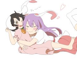 Rule 34 | &gt; &lt;, &gt; o, 2girls, :t, animal ears, barefoot, black hair, blush stickers, breasts, brown eyes, carrot necklace, citrus (place), dress, fang, flat chest, full body, hand up, heart, highres, hug, inaba tewi, jewelry, large breasts, multiple girls, necklace, one eye closed, open mouth, petite, pink dress, pink skirt, pleated skirt, puffy short sleeves, puffy sleeves, purple hair, rabbit ears, rabbit tail, reisen udongein inaba, shirt, short sleeves, simple background, sitting, skirt, smile, tail, touhou, v-shaped eyebrows, wavy mouth, white background, white shirt, yuri