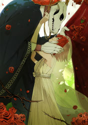 Rule 34 | absurdres, couple, dress, elias ainsworth, flower, fujiharu (akamine), gloves, hand on another&#039;s cheek, hatori chise, highres, looking at another, mahou tsukai no yome, red hair, rose, skull, thorns