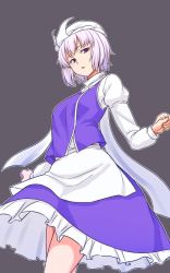 Rule 34 | 1girl, apron, blue skirt, blue vest, cowboy shot, frilled skirt, frills, grey background, highres, juliet sleeves, kakone, letty whiterock, light purple hair, long sleeves, looking at viewer, one-hour drawing challenge, open mouth, puffy sleeves, purple eyes, scarf, short hair, simple background, skirt, solo, standing, touhou, vest, white apron, white headwear, white scarf