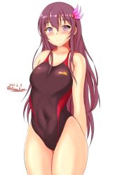 Rule 34 | 1girl, arms behind back, black one-piece swimsuit, breasts, brown hair, commentary request, competition swimsuit, cowboy shot, dated, hair ornament, highres, kantai collection, kisaragi (kancolle), long hair, looking at viewer, montemasa, one-hour drawing challenge, one-piece swimsuit, purple eyes, simple background, small breasts, smile, solo, swimsuit, twitter username, white background