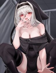 Rule 34 | 1girl, absurdres, arknights, artist name, bare shoulders, black dress, black nails, black thighhighs, blush, breasts, cleavage, collarbone, commentary, covered navel, dress, fingernails, grey hair, habit, highres, large breasts, looking at viewer, mildt, nail polish, nun, off shoulder, red eyes, sharp teeth, solo, specter (arknights), teeth, thighhighs