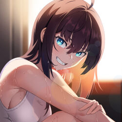 Rule 34 | 1girl, ahoge, blue eyes, breasts, brown hair, commentary, english commentary, grin, hair between eyes, hand on own arm, highres, indoors, looking at viewer, mi xiaoyou, original, smile, solo, sweat, tank top, white tank top