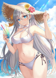 Rule 34 | 1girl, anastasia (fate), bare shoulders, bikini, blue eyes, breasts, choker, cleavage, cloud, collarbone, commentary, cowboy shot, day, earrings, fate/grand order, fate (series), hair between eyes, harimoji, hat, jewelry, long hair, looking at viewer, medium breasts, midriff, navel, outdoors, sky, sleeveless, solo, stomach, straw hat, swimsuit, white hair