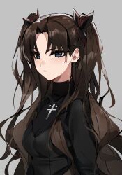 Rule 34 | 1girl, absurdres, black hair, black ribbon, black sweater, blue eyes, closed mouth, commentary, cross, cross print, english commentary, fate/extra, fate/extra record, fate (series), grey background, hair ribbon, highres, kanniiepan, latin cross, long hair, long sleeves, looking at viewer, parted bangs, ribbon, simple background, solo, sweater, tohsaka rin, tohsaka rin (fate/extra), turtleneck, turtleneck sweater, two side up, very long hair