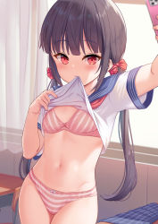 Rule 34 | 1girl, black hair, blue skirt, bow, bow panties, bra, cellphone, chair, closed mouth, clothes in mouth, clothes lift, commentary request, curtains, desk, hair bow, highres, holding, holding phone, indoors, lifting own clothes, long hair, low twintails, milkshakework, mouth hold, nail polish, navel, original, panties, phone, pleated skirt, polka dot, polka dot bow, red bow, red eyes, red nails, school chair, school desk, selfie, shirt, shirt in mouth, shirt lift, skirt, solo, striped bra, striped clothes, striped panties, transparent, twintails, underwear, unworn skirt, very long hair, white shirt