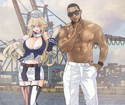 Rule 34 | 1boy, 1girl, admiral (kancolle), american flag, american flag legwear, anno88888, asymmetrical legwear, blonde hair, blue eyes, breasts, cleavage, commentary request, dark-skinned male, dark skin, elbow gloves, front-tie top, garter straps, gloves, headgear, highres, iowa (kancolle), kantai collection, large breasts, long hair, mismatched legwear, open mouth, pants, skirt, sunglasses, thighhighs, topless male, watch, white pants, wristwatch