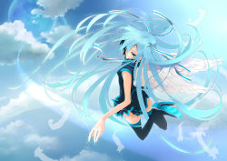 Rule 34 | 1girl, angel wings, aqua hair, blue eyes, cloud, day, feathers, female focus, full body, hair ribbon, hatsune miku, jumping, long hair, necktie, outdoors, plastick, ribbon, skirt, sky, smile, solo, thighhighs, twintails, very long hair, vocaloid, wings, zettai ryouiki