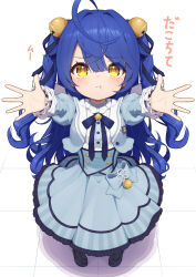 Rule 34 | 1girl, absurdres, ahoge, amamiya kokoro, amamiya kokoro (1st costume), black footwear, blue dress, blue hair, closed mouth, dress, from above, full body, hair ornament, highres, juliet sleeves, loafers, long hair, long sleeves, looking at viewer, lunch boxer, nijisanji, outstretched arms, pout, puffy sleeves, shoes, simple background, solo, translated, two side up, virtual youtuber, white background, yellow eyes