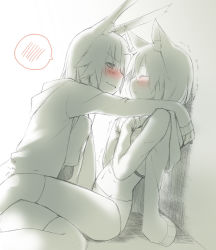 Rule 34 | 2girls, against wall, androgynous, animal ears, blush, rabbit ears, cat ears, closed eyes, face-to-face, flat chest, graphite (medium), hand on shoulder, hood, hoodie, imminent kiss, majima yuki, mixed media, monochrome, multiple girls, navel, nervous, no pants, original, panties, profile, short hair, sitting, sketch, spoken blush, spot color, spread legs, tears, thighhighs, traditional media, trembling, underwear, wariza, wavy mouth, yuri