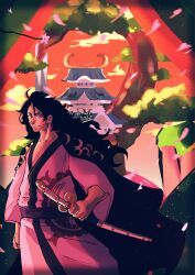 Rule 34 | 1boy, 2022, absurdres, artist name, black hair, closed mouth, falling petals, highres, holding, holding sword, holding weapon, japanese clothes, katana, kouzuki momonosuke, long hair, looking at viewer, male focus, one piece, outdoors, petals, smile, solo, sword, traditional clothes, trope art, weapon
