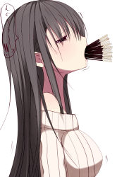 Rule 34 | 1girl, aliasing, black eyes, black hair, der (derm9), eyes visible through hair, food, from side, full mouth, long hair, original, pocky, profile, simple background, solo, tears, too many, upper body, white background