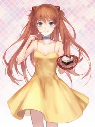 Rule 34 | 1girl, :q, bad id, bad pixiv id, bare shoulders, blue eyes, breasts, cake, choker, cleavage, dress, food, fork, long hair, looking at viewer, neon genesis evangelion, orange hair, small breasts, solo, souryuu asuka langley, tongue, tongue out, yellow dress, zek (zecola)