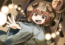 Rule 34 | 1other, androgynous, blue kimono, brown eyes, brown hair, brown headwear, commentary request, danmaku, haniwa (statue), helmet, hemo (hemoroda), holding, japanese clothes, katano sukune, kimono, len&#039;en, long sleeves, open mouth, outstretched arm, short hair, solo, translation request, upper body, wide sleeves
