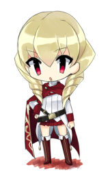 Rule 34 | 1girl, bad id, bad pixiv id, belt, blonde hair, boots, cape, chibi, drill hair, erika wagner, hand on own hip, knee boots, pleated skirt, red eyes, short hair, skirt, solo, twin drills, twintails, under night in-birth, yusano