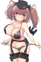 Rule 34 | 1girl, atlanta (kancolle), bikini, black bikini, black hat, breasts, brown hair, collarbone, commentary request, cowboy shot, earrings, eriyama e, garrison cap, garter belt, garter straps, grey eyes, hat, highres, jewelry, kantai collection, large breasts, leaning forward, long hair, looking at viewer, open mouth, side-tie bikini bottom, sideboob, solo, star (symbol), star earrings, swimsuit, thigh strap, two side up, untied bikini, white background