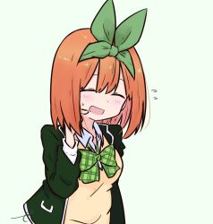 Rule 34 | 1girl, :d, blush, bow, breasts, closed eyes, collared shirt, commentary request, eyebrows hidden by hair, flying sweatdrops, go-toubun no hanayome, green background, green bow, green jacket, green ribbon, hair between eyes, hair ribbon, hand up, jacket, kujou karasuma, long sleeves, medium breasts, nakano yotsuba, open clothes, open jacket, open mouth, orange hair, ribbon, scratching cheek, shirt, signature, simple background, smile, solo, sweat, sweater vest, upper body, white shirt