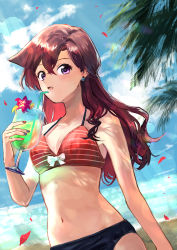 Rule 34 | 1girl, absurdres, bare arms, beach, bearo, bikini, black bikini, blue nails, blue sky, breasts, brown hair, cleavage, cloud, collarbone, cup, day, drinking straw, dutch angle, earrings, floating hair, gradient hair, hair between eyes, highres, holding, holding cup, jewelry, lens flare, long hair, meitantei conan, mismatched bikini, mouri ran, multicolored hair, multicolored nails, nail polish, navel, ocean, open mouth, outdoors, petals, purple eyes, red bikini, red hair, red nails, sky, small breasts, solo, straight hair, striped bikini, striped clothes, summer, sunlight, swimsuit