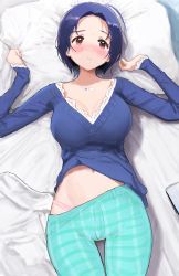 Rule 34 | 1girl, absurdres, ahoge, bed sheet, blue hair, blue shirt, blush, breasts, cleavage, closed mouth, forehead, green pants, highres, hitodama (madatohi), idolmaster, idolmaster (classic), jewelry, large breasts, long sleeves, lying, miura azusa, navel, necklace, on back, panties, pants, pink panties, plaid, plaid pants, purple eyes, shirt, short hair, solo, underwear, v-neck
