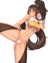 Rule 34 | 1girl, abs, arm strap, bare shoulders, brown hair, brown thighhighs, cameltoe, clyde s, commentary request, dungeon and fighter, fighter (dungeon and fighter), fingerless gloves, framed breasts, gloves, gluteal fold, high ponytail, highres, kicking, korean commentary, long hair, looking to the side, midriff, no pants, panties, ponytail, revision, simple background, solo, standing, standing on one leg, stomach, sweat, thighhighs, underwear, very long hair, white background, white gloves, yellow eyes
