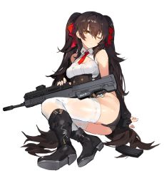 Rule 34 | 1girl, arms behind back, assault rifle, bare shoulders, belt, black footwear, black gloves, black hair, black panties, blush, boots, breasts, brown eyes, bullpup, cleavage, eyebrows, fingerless gloves, full body, girls&#039; frontline, gloves, gun, hair between eyes, hair ribbon, head tilt, kishiyo, leaning to the side, long hair, long twintails, looking to the side, magazine (weapon), medium breasts, necktie, official art, one eye closed, panties, personification, qbz-97, red ribbon, ribbon, rifle, sitting, solo, strap, thighhighs, torn clothes, torn thighhighs, transparent background, twintails, type 97 (girls&#039; frontline), underwear, very long hair, weapon, white thighhighs