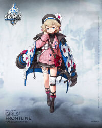 Rule 34 | 1girl, asymmetrical legwear, bag, beret, black footwear, black hat, black skirt, black socks, black sweater, blonde hair, blue coat, blue eyes, buckle, character name, chest strap, closed mouth, coat, coat on shoulders, commentary, copyright name, english commentary, flower, flower ornament, full body, girls&#039; frontline, gun, half-closed eyes, hat, hat flower, highres, holding, holding gun, holding weapon, jatimatic, jatimatic (girls&#039; frontline), knee pads, light smile, loafers, long sleeves, looking at viewer, medium hair, official art, pink bag, pink flower, pink sweater, pleated skirt, pouch, rinotuna, second-party source, shoes, shoulder bag, single knee pad, skirt, snap-fit buckle, socks, solo, standing, submachine gun, sweater, thigh strap, turtleneck, turtleneck sweater, watermark, weapon, web address, white bag, white flower