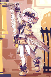 Rule 34 | 1girl, absurdres, aiguillette, anklet, bag, bird girl, black neckerchief, blush stickers, brown eyes, capelet, chinese commentary, closed mouth, commentary request, feathers, flying sweatdrops, frilled shorts, frills, full body, hair between eyes, highres, imazawa, jewelry, long sleeves, looking up, mail, mailbag, mailbox (incoming mail), mailman, motion lines, neckerchief, original, pantyhose, petite, shirt, shoes, short hair, short shorts, shorts, shoulder bag, sidelocks, solo, standing, standing on one leg, suspender shorts, suspenders, tiptoes, white feathers, white hair, white headwear, white pantyhose, white shirt, yellow capelet, yellow footwear, yellow shorts