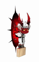 Rule 34 | 1boy, 21 ke, :3, arm strap, backless outfit, black gloves, black horns, black necktie, black sclera, briefcase, chibi, chinese commentary, claws, closed mouth, collared shirt, colored sclera, colored skin, demon boy, demon horns, demon tail, demon wings, earrings, extra eyes, flying, gloves, gradient horns, half gloves, holding, holding briefcase, horns, jewelry, long sleeves, male focus, multicolored horns, necktie, original, pointy ears, portal (object), red horns, red skin, red tail, red wings, shirt, short hair, simple background, slit pupils, solo, tail, upper body, white background, white hair, white shirt, wings, yellow eyes