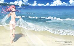 Rule 34 | 1girl, :d, absurdres, ass, back, bare arms, bare legs, bare shoulders, barefoot, beach, bikini, blue sky, boat, breasts, cloud, cloudy sky, day, dock, feet, floating hair, from behind, full body, halterneck, highres, horizon, huge filesize, kantoku, kurumi (kantoku), leg up, long hair, looking at viewer, looking back, medium breasts, ocean, open mouth, original, outdoors, pink hair, purple eyes, running, sailboat, sand, scan, scenery, shadow, side-tie bikini bottom, sky, smile, soles, solo, standing, standing on one leg, sunlight, swept bangs, swimsuit, text focus, toes, two side up, watercraft, waves, white bikini, wide shot, wind