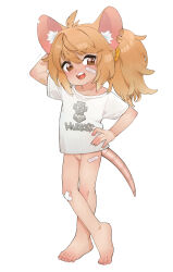 Rule 34 | 1girl, absurdres, animal ears, arm behind head, arm up, bandaid, bandaid on face, bandaid on knee, bandaid on leg, barefoot, blush, bottomless, brown eyes, brown hair, cleft of venus, clothes writing, commission, crossed ankles, feet, female focus, full body, hand on own hip, highres, looking at viewer, medium hair, mouse ears, mouse girl, mouse tail, open mouth, original, pussy, shirt, short sleeves, simple background, smile, solo, standing, tail, teeth, thighs, toenails, toes, tongue, uncensored, upper teeth only, white background, white shirt, yokappa (jokappa)