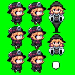 Rule 34 | 2girls, black capelet, black eyes, black headwear, black skirt, blonde hair, blue eyes, boots, bow, bowtie, brown footwear, buttons, capelet, chibi, commentary request, cookie (touhou), full body, green background, hat, hat bow, kirisame marisa, looking at viewer, meguru (cookie), multiple girls, no mouth, open mouth, pixel art, red bow, red bowtie, shirt, short hair, simple background, skirt, sleeves past fingers, sleeves past wrists, tonchamon san, touhou, walking, white shirt, witch hat, yuuhi (cookie)